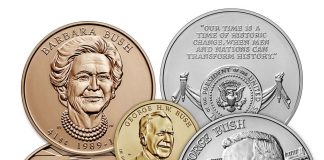 George H.W. Bush Coin & Chronicles Set Release U.S. Mint images of the coin and medals in the George H.W. Bush Coin and Chronicles Set