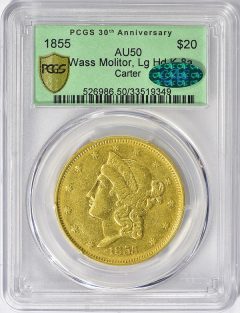 Unique 1855 Wass, Molitor & Co. Large Head Gold Twenty Dollar