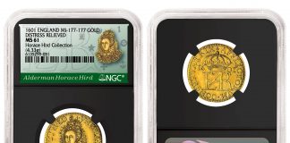 NGC-certified English Gold Coin Realizes $650,000 Record in Spink Sale England 1601 Gold Distress Relieved example graded NGC MS 61