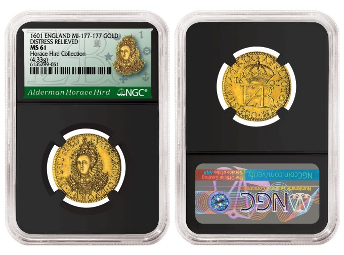 England 1601 Gold Distress Relieved example graded NGC MS 61