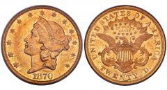1870-CC $20 AU53 PCGS. Variety 1-A