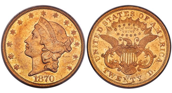 1870-CC $20 AU53 PCGS. Variety 1-A