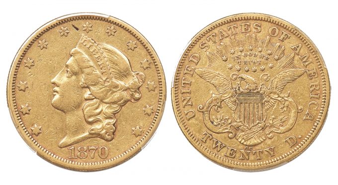 1870-CC $20 XF40 PCGS. Variety 1-A