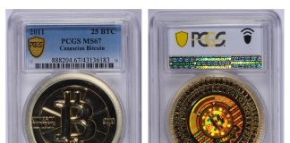 Casascius Bitcoin Realizes $1.69 million in GreatCollections Action This gold-plated Casascius 25 Bitcoin, graded PCGS MS-67, realized $1.69 million in a GreatCollections auction. (Photos courtesy of GreatCollections.)