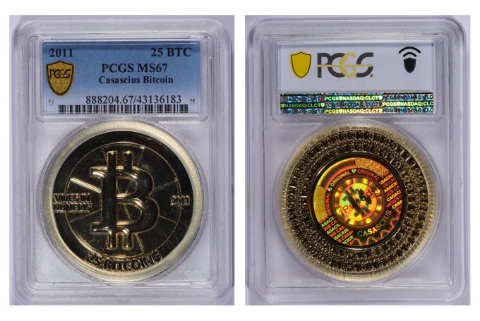 This gold-plated Casascius 25 Bitcoin, graded PCGS MS-67, realized $1.69 million in a GreatCollections auction. (Photos courtesy of GreatCollections.)