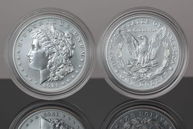 A CoinNews photo of two 2021-S Morgan Silvers Dollars