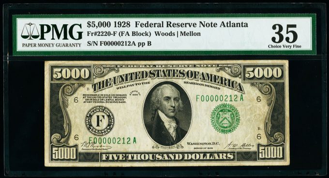 NS.  2220-F $ 5,000 1928 Federal Reserve Note.  PMG choice very fine 35