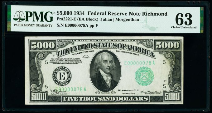 Fr. 2221-E $5,000 1934 Federal Reserve Note. PMG Choice Uncirculated 63