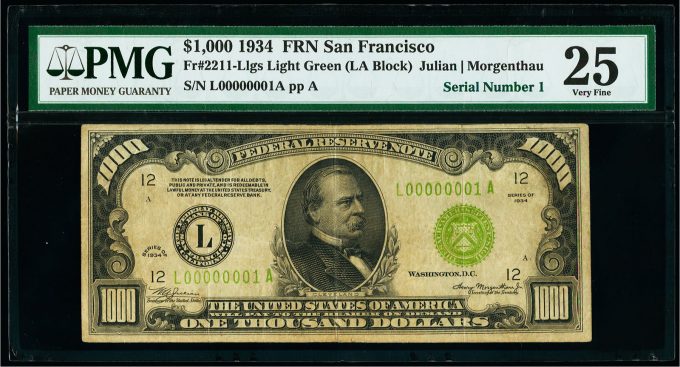 Serial number 1 Fr.2211-L $ 1,000 1934 Federal Reserve light green seal sheet music.  PMG Very good 25.
