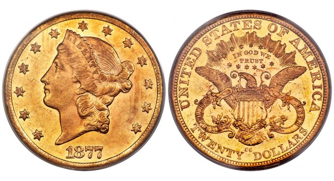 1877-CC $ 20 MS62 PCGS.  Variety 1-A
