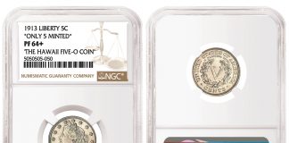 NGC-certified Hawaii Five-O Nickel Realizes Over $4 Million 1913 Liberty Nickel, the "The Hawaii Five-O Coin," graded NGC PF 64+
