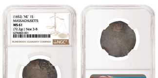 NGC-certified Finest Known ‘NE’ Massachusetts Shilling in Morton & Eden Auction Massachusetts (1652) 'NE' Shilling graded NGC MS 61