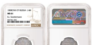 NGC-certified Russian Coin Tops $500K in SINCONA November Sale 1808CNB OT Russia 1/4 Rouble graded NGC MS 61