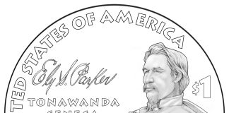 2022 Native American $1 Coin Design Depicts Ely Parker U.S. Mint line art image of the 2022 Native American Dollar design which depicts Ely Parker