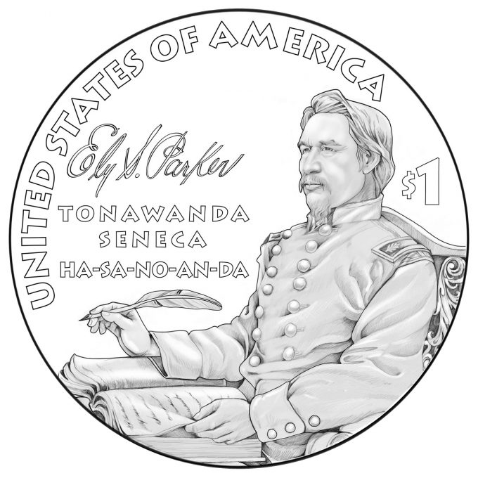 U.S. Mint line art image of the 2022 Native American Dollar design which depicts Ely Parker