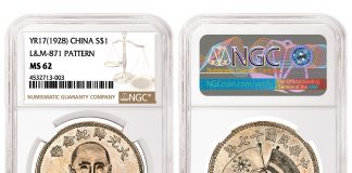 NGC-certified Chinese Pattern Realizes Record $2.16M in Heritage Sale China (1928) Pattern Silver Dollar graded NGC MS 62