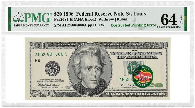 PMG-graded 1996 $20 Federal Reserve "Del Monte" Note from St. Louis.