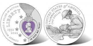 Purple Heart Hall of Honor Commemorative Coin Prices Published Design of the 2022 National Purple Heart Hall of Honor Colorized Silver Dollar