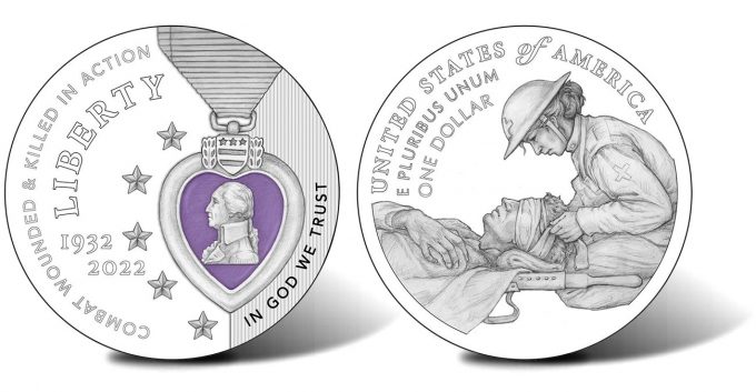Design of the 2022 National Purple Heart Hall of Honor Colorized Silver Dollar