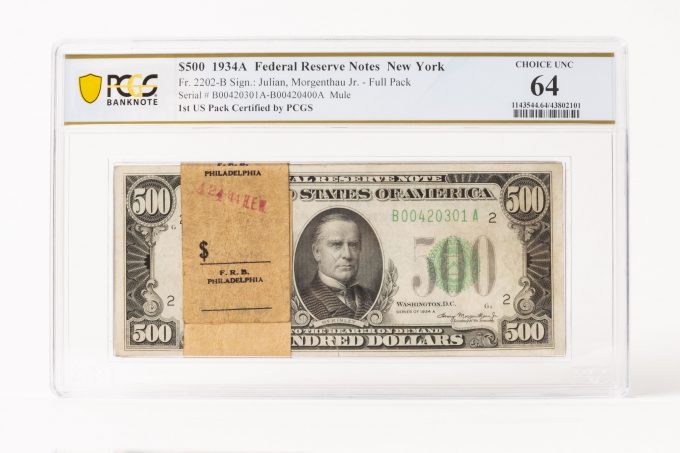 PCGS is introducing grading for packs of 50 or 100 small-size U.S. banknotes, enabling the protection of consecutive notes while keeping the pack intact. Courtesy of PCGS.