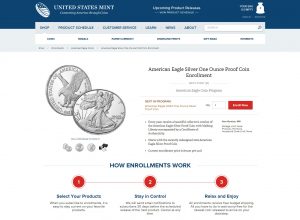 Screenshot of the U.S. Mint enrollment page for the 2022-W Proof American Silver Eagle