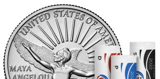 Maya Angelou Quarters Available in Rolls and Bags U.S. Mint image of a 2022 Maya Angelou quarter and P, D, and S rolls of them