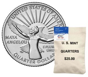 US Mint image of a 2022 Maya Angelou quarter and a 100-coin bag of them