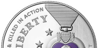 Purple Heart Colorized Silver Dollar Ordering Opens March 24 A larger U.S. Mint image of the coin's obverse (heads side)