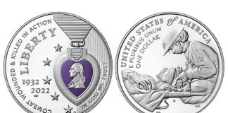 U.S. Mint 2022 Purple Heart Colorized Silver Dollar Pre-Ordering Begins Mint 2022 National Purple Heart Hall of Honor Colorized Silver Dollar - Obverse and Reverse
