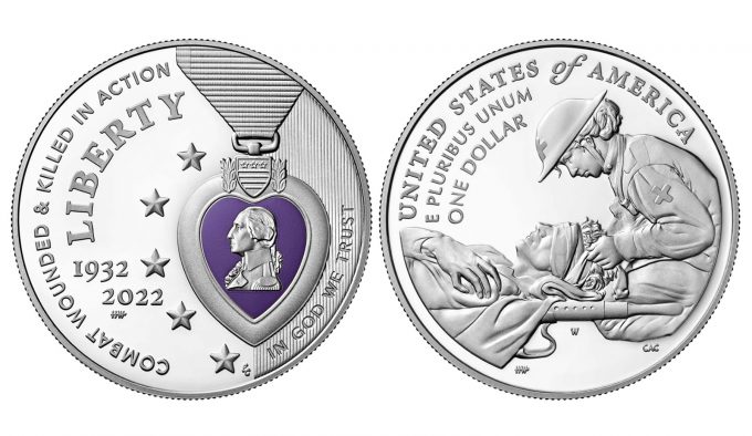 Mint 2022 National Purple Heart Hall of Honor Colorized Silver Dollar - Obverse and Reverse