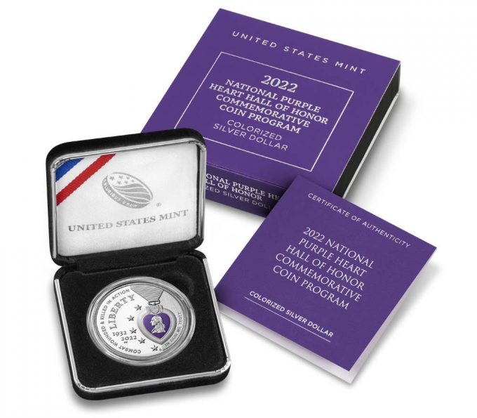 U.S. Mint product images of the 2022 National Purple Heart Hall of Honor Colorized Silver Dollar