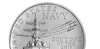 U.S. Mint Release of Navy 2.5 Ounce Silver Medal Obverse or heads side of the medal