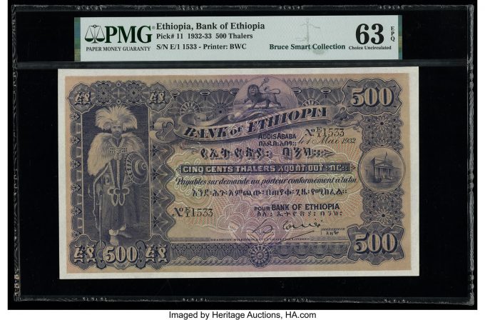 Ethiopia Bank of Ethiopia 500 Thalers 1.5.1932 Pick 11 PMG Choice Uncirculated 63 EPQ