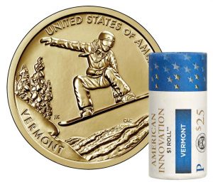 U.S. Mint image showing a roll of 2022-P American Innovation Dollars for Vermont
