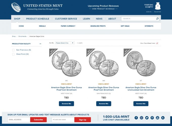 US Mint Enrollment Page for 2022 American Silver Eagles