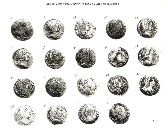 Photograph from the 1960s depicting obverse die varieties of 1785 Connecticut copper coins. (Photo courtesy of Kolbe & Fanning Numismatic Booksellers.)