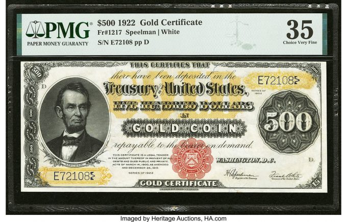 Fr. 1217 $500 1922 Gold Certificate PMG Choice Very Fine 35_Heritage_Auctions