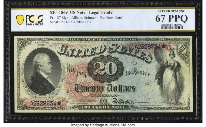 Fr. 127 $20 1869 Legal Tender PCGS Banknote Superb Gem Unc 67 PPQ_Heritage_Auctions