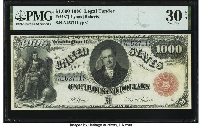 Fr. 187j $1,000 1880 Legal Tender PMG Very Fine 30 Net_Heritage_Auctions