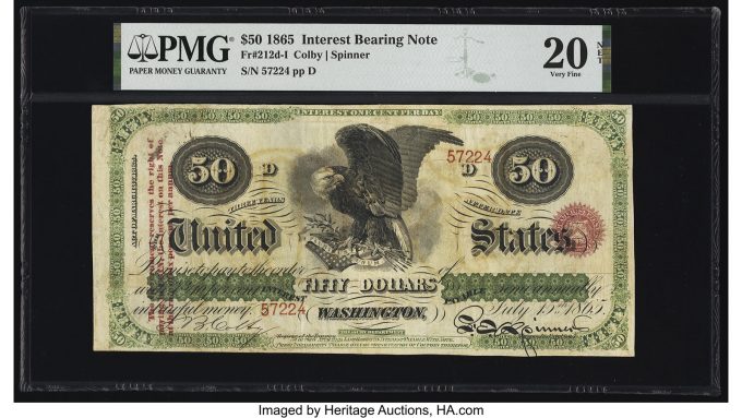 Fr. 212d-I $50 1865 Interest Bearing Note PMG Very Fine 20 Net_Heritage_Auctions