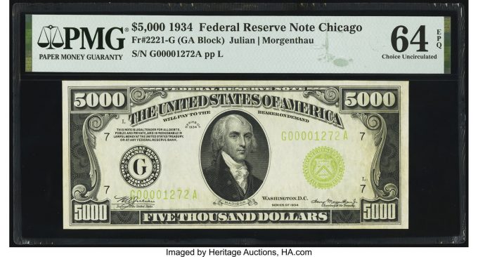 Fr. 2221-G $5,000 1934 Federal Reserve Note. PMG Choice Uncirculated 64 EPQ_Heritage_Auctions