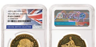 NGC-certified British Coins Realize $5.8M in SINCONA Auction 75 Great Britain 1839 Una and the Lion 5 Sovereign graded NGC PF 62+ Cameo
