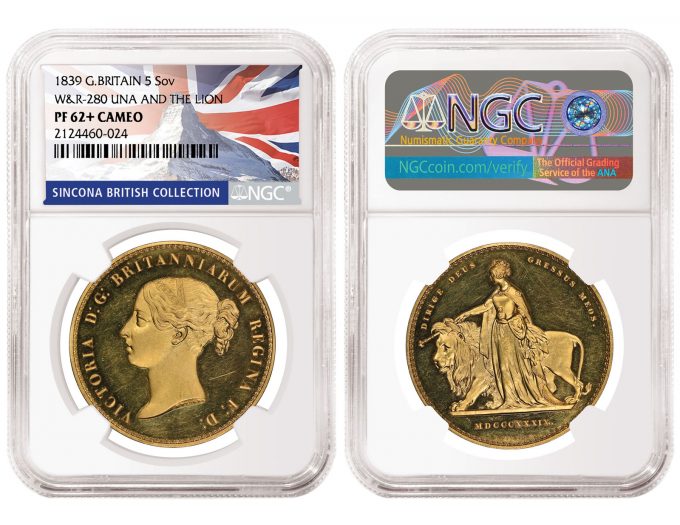 Great Britain 1839 Una and the Lion 5 Sovereign graded NGC PF 62+ Cameo