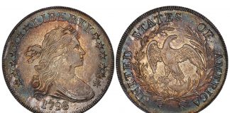 LRCA’s Regency 51 Sale Shines Lot 30. $1 1798 Small Eagle, 13 Stars. PCGS AU58 CAC, ex Cardinal-Legend, realized $205,625.00