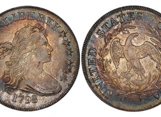LRCA’s Regency 51 Sale Shines Lot 30. $1 1798 Small Eagle, 13 Stars. PCGS AU58 CAC, ex Cardinal-Legend, realized $205,625.00