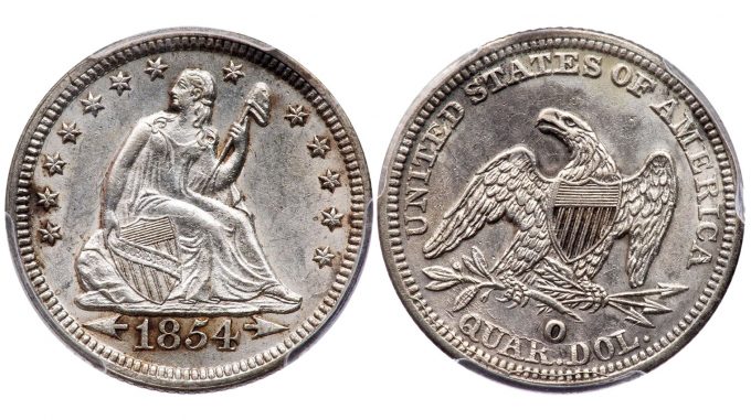 1854-O Arrows At Date, Huge O Mintmark, Seated Liberty quarter dollar, PCGS AU-55