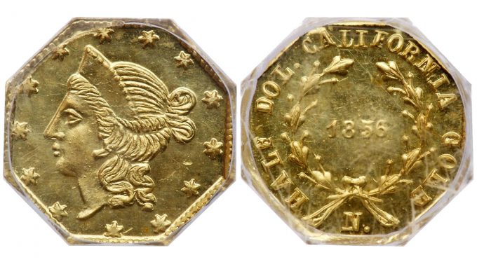 1856 Octagonal Liberty gold half dollar, Breen and Gillio-311, graded PCGS MS-66 PL