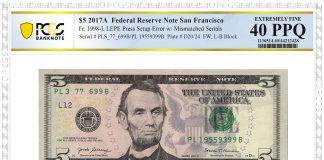 Error 2017A $5 Note Tops $8,600 in GreatCollections Auction Error 2017A $5 Federal Reserve Note San Francisco - obverse