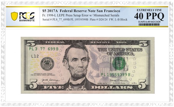 Error 2017A $5 Federal Reserve Note San Francisco - obverse