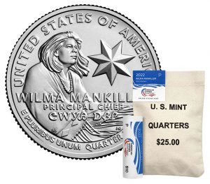 US Mint image 2022-P Wilma Mankiller quarter and bag